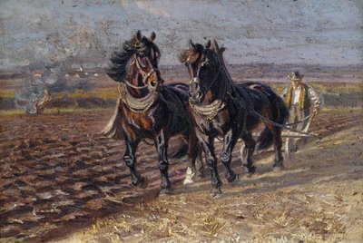 Dos caballos negros en el arado de Friedrich Eckenfelder